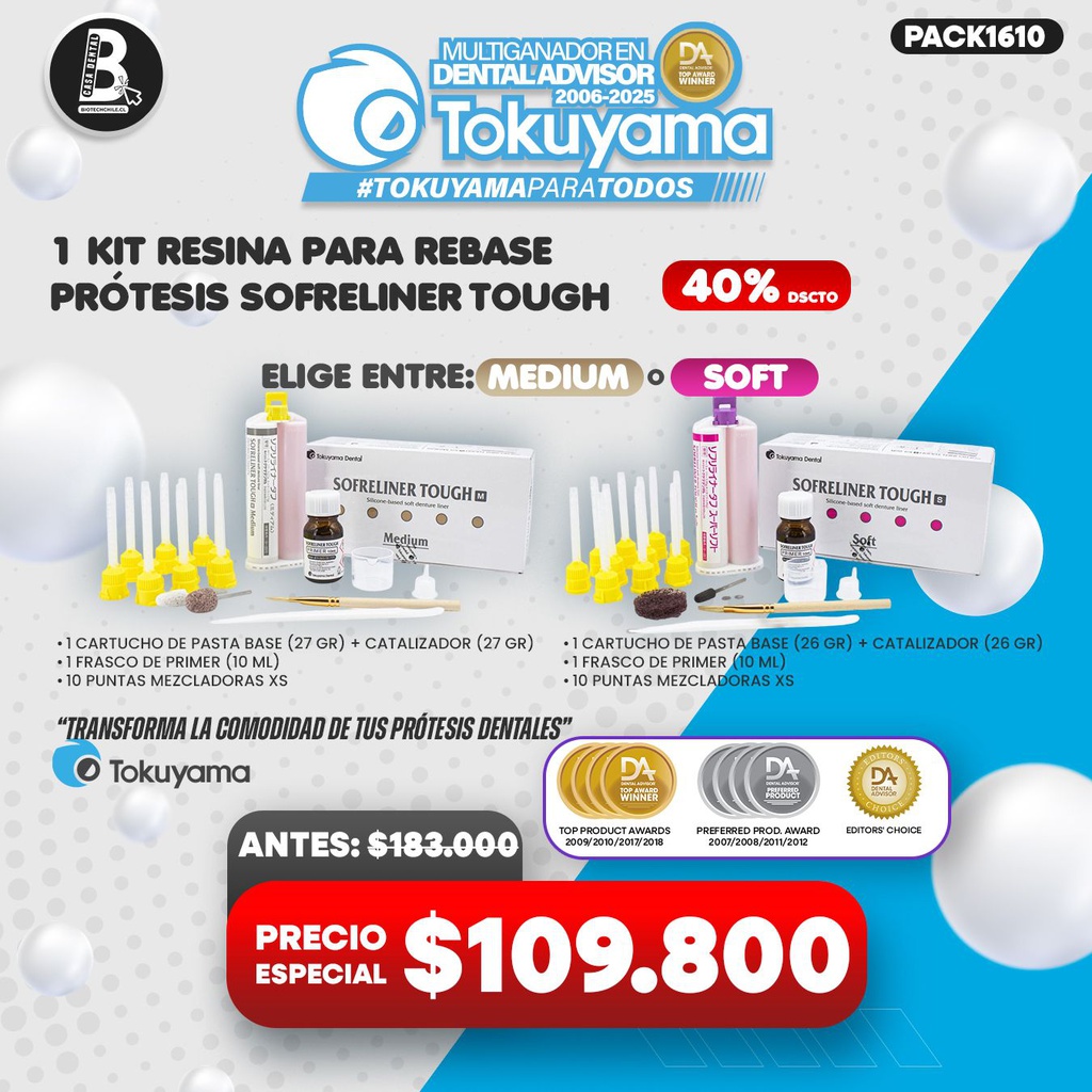 1 Kit Silicona para Rebase de prótesis Sofreliner tough Tokuyama