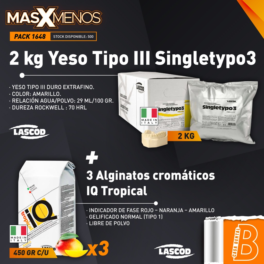2 kg Yeso Tipo III Singletypo3 Lascod + 3 Alginatos IQ Tropical Lascod