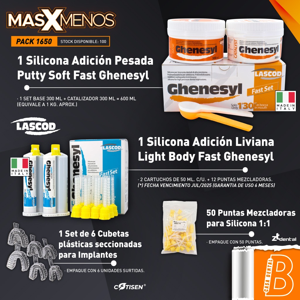 1 Kit Silicona Adición Ghenesyl Putty soft-Light Body Lascod + 1 Set de 6 Cubetas plásticas seccionadas para Implantes Cotisen + 50 Puntas Mezcladoras para Silicona 1:1 ZT dental