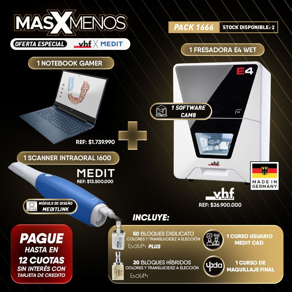 1 Fresadora E4 Wet Húmedo VHF + 1 Scanner Intraoral 3D i600 Medit + Regalos