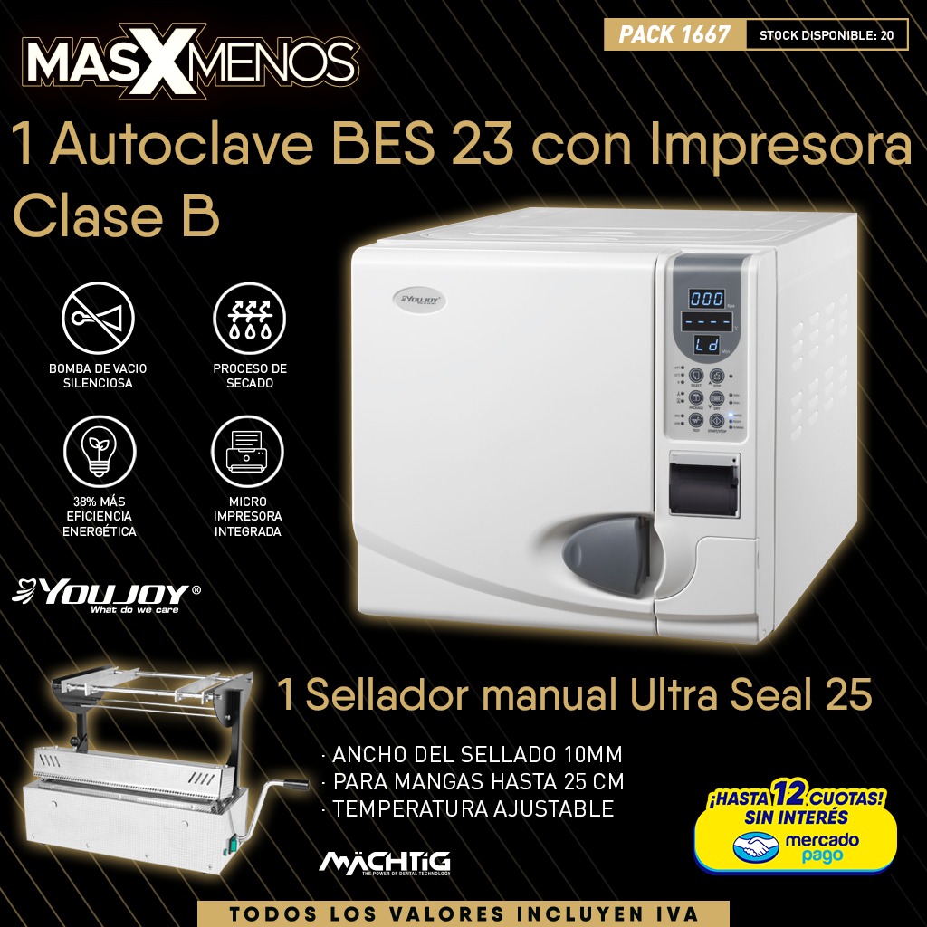 1 Autoclave BES 23 con Impresora Clase B Youjoy + 1 Selladora Ultra Seal 25 Machtig