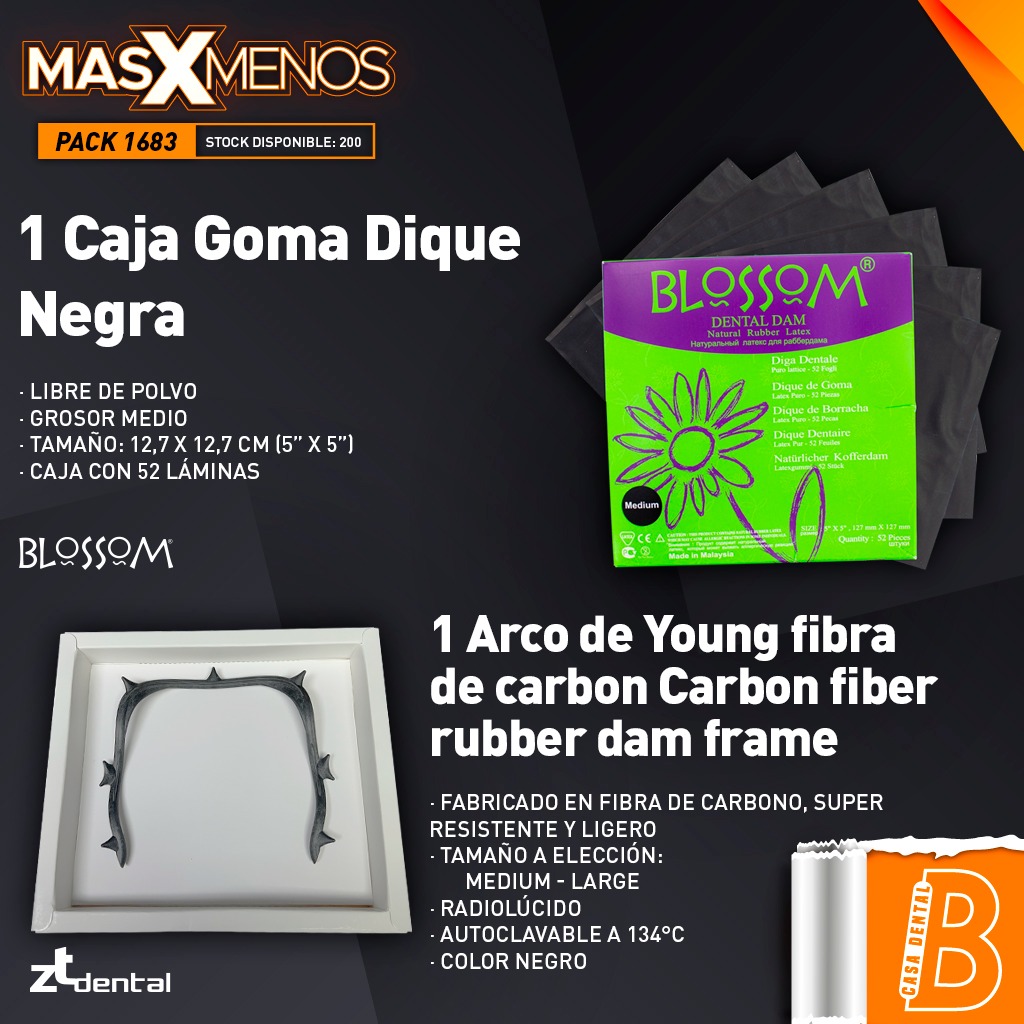 1 Caja Goma Dique Negra Blossom + 1 Arco de Young fibra de carbon Carbon fiber rubber dam frame ZT Dental