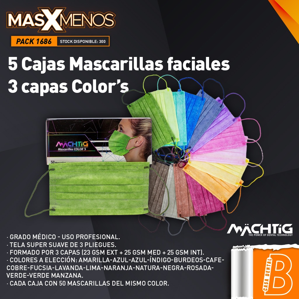 5 Cajas Mascarillas faciales 3 capas Color´s Machtig