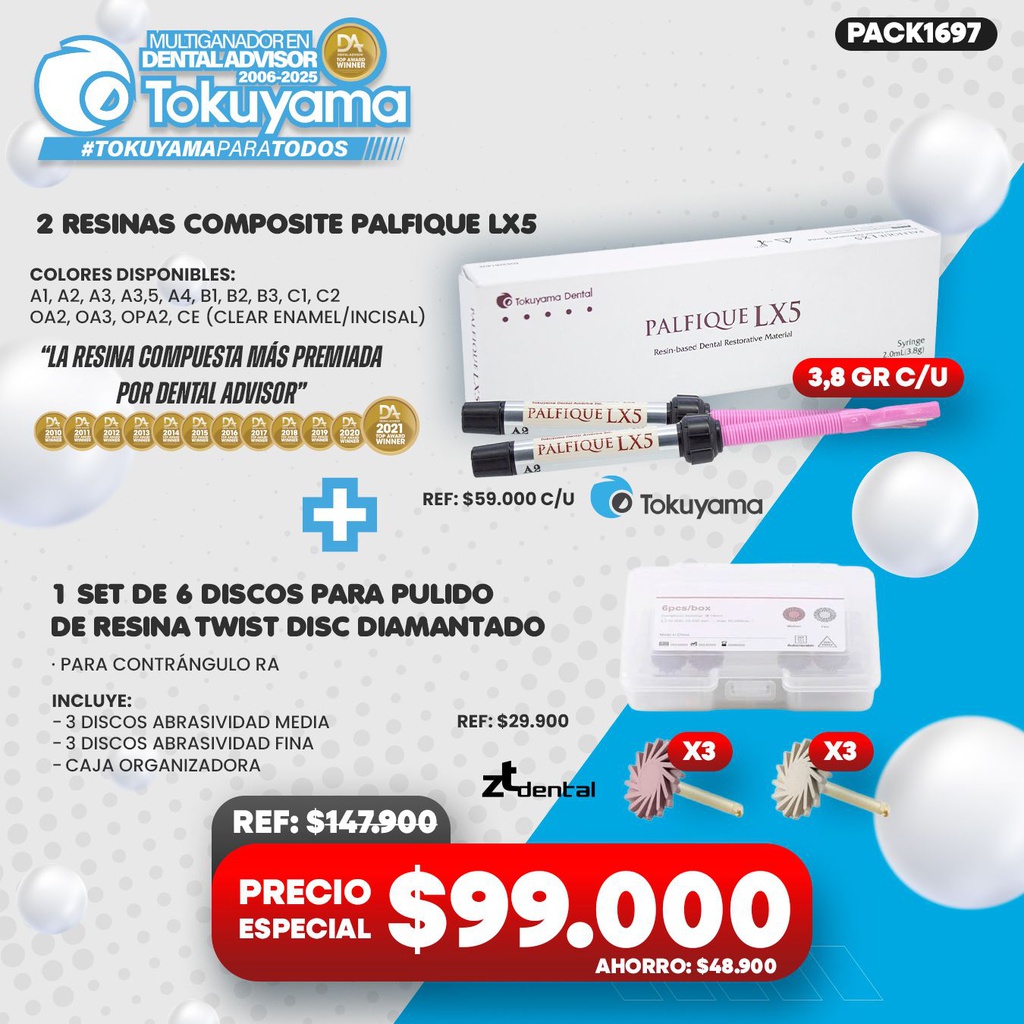 2 Jeringas Resina Composite Palfique LX5 Tokuyama + 1 Set de 6 Discos para pulido de Resina Twist disc diamantado ZT Dental