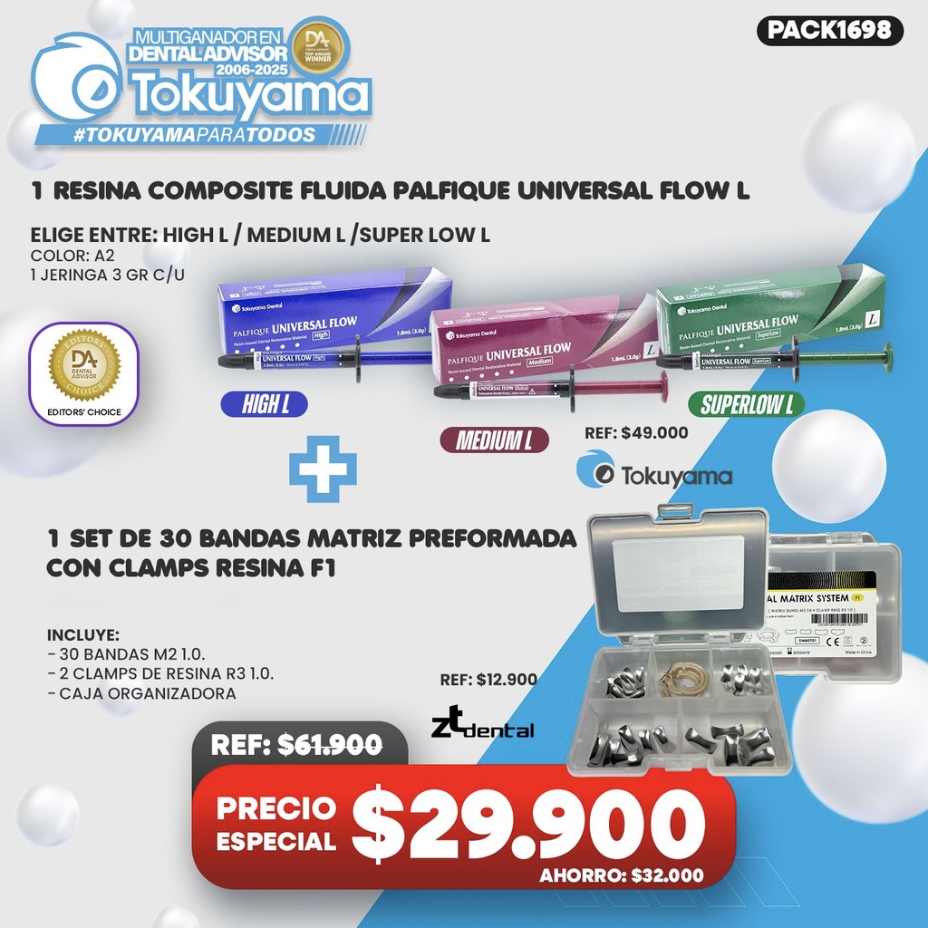 1 Jeringa Resina Composite fluida Palfique Universal Flow L Tokuyama + 1 Set de 30 Bandas Matriz preformada con Clamps Resina F1 ZT Dental