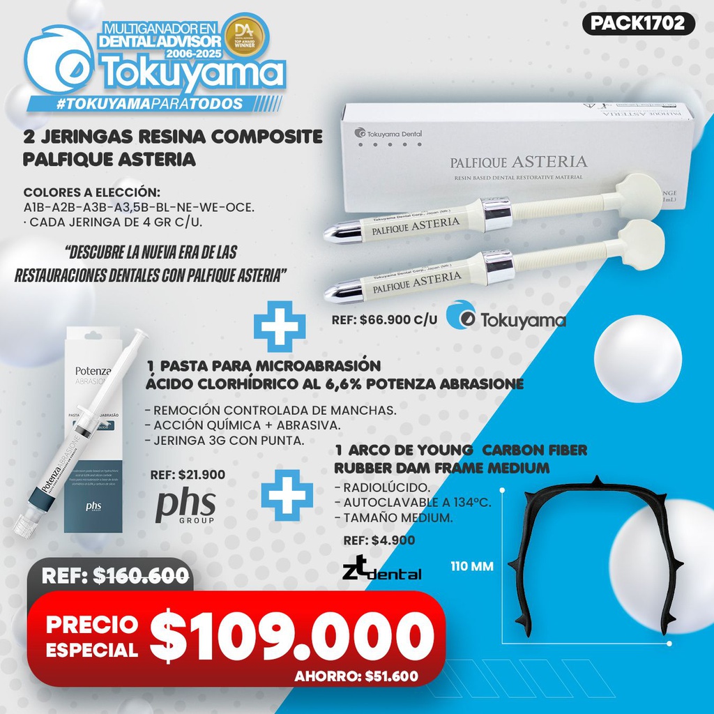 2 Jeringas Resina Composite Palfique Asteria Tokuyama + 1 Pasta para microabrasión Ácido clorhídrico al 6,6% Potenza Abrasione PHS + 1 Arco de Young fibra de carbon Carbon fiber rubber dam frame ZT Dental