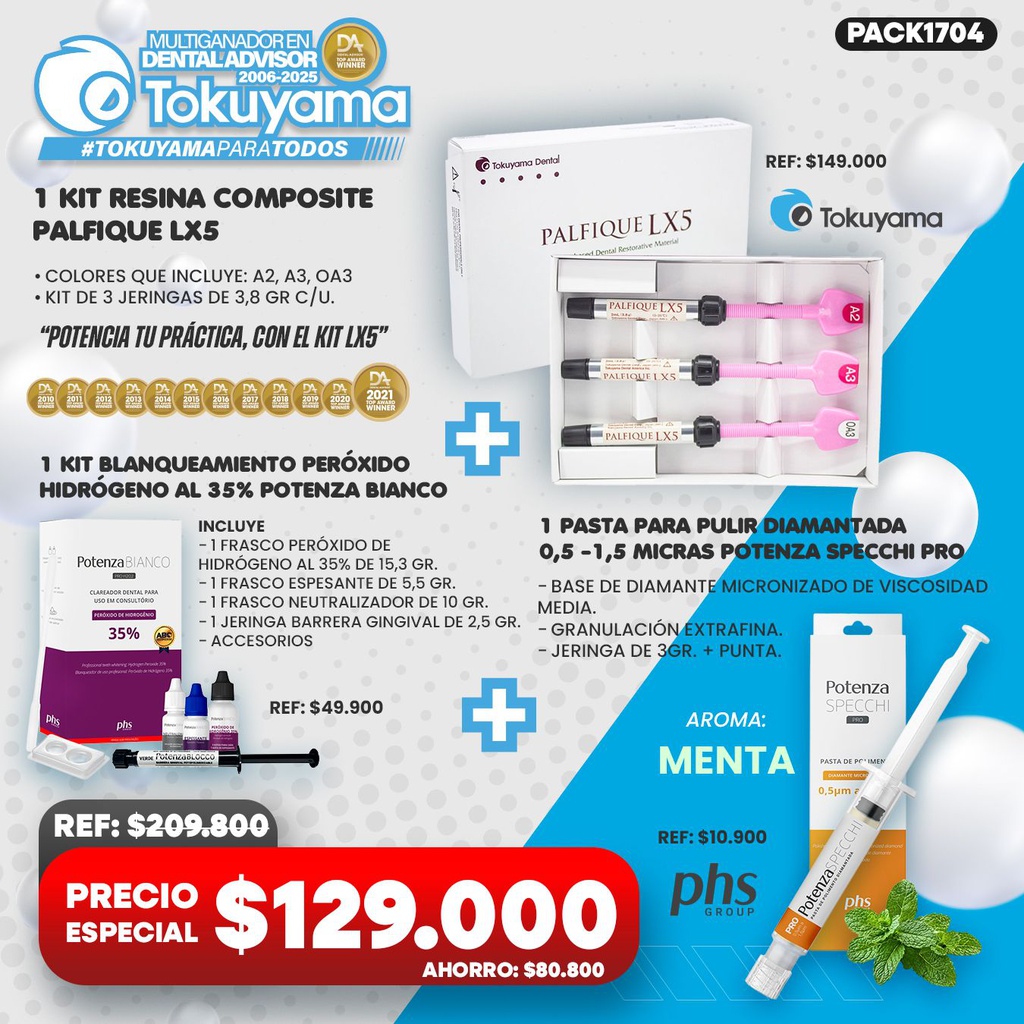 1 Kit Resina Composite Palfique LX5 Tokuyama + 1 Kit Blanqueamiento Peróxido hidrógeno al 35% Potenza Bianco + 1 Pasta para pulir diamantada 0,5 -1,5 micras Potenza Specchi Pro PHS