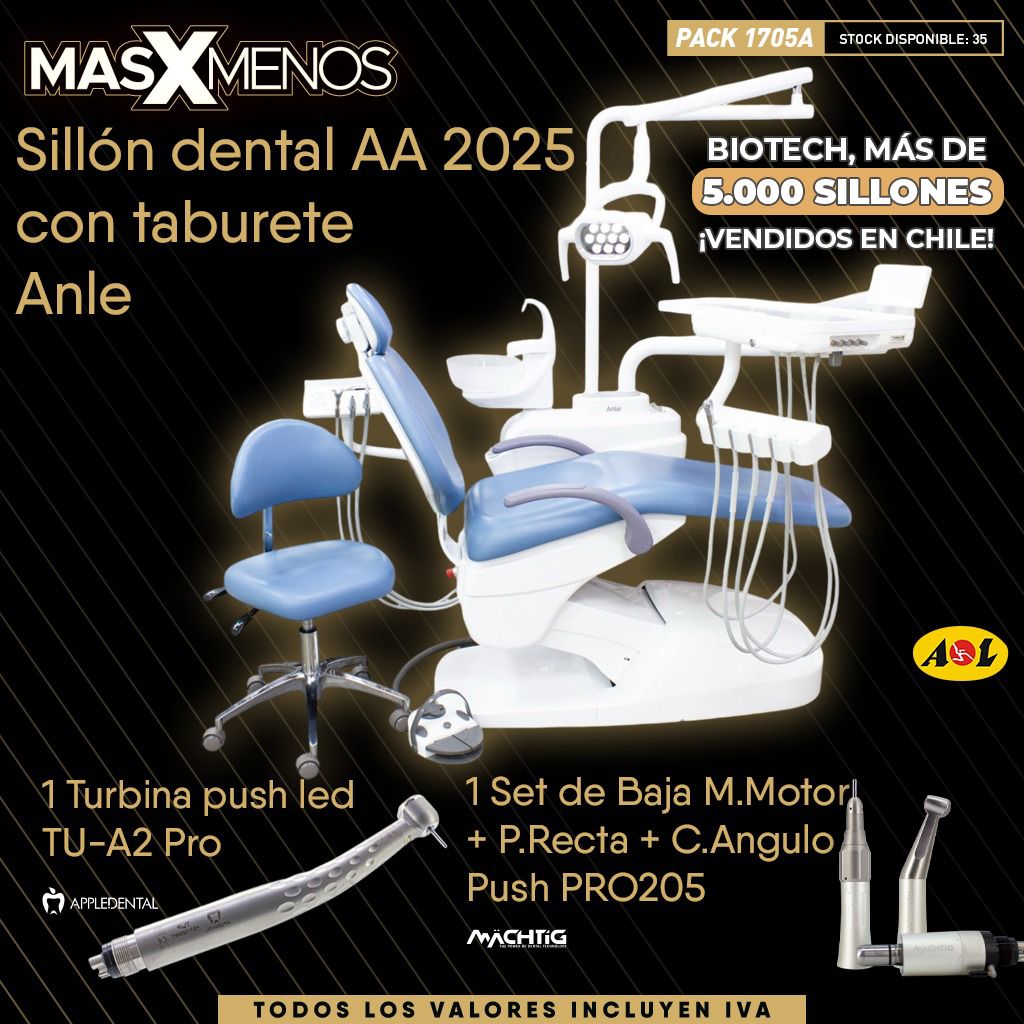 1 Sillón dental AA 2025 con taburete Anle + 1 Set de Baja push PRO205 Machtig + 1 Turbina push led TU-A2 Pro Appledental