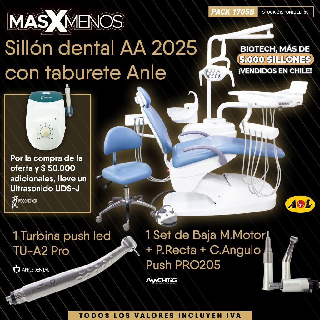 1 Sillón dental AA 2025 con taburete Anle + 1 Set de Baja push PRO205 Machtig + 1 Turbina push led TU-A2 Pro Appledental + 1 Ultrasonido UDS-J Woodpecker