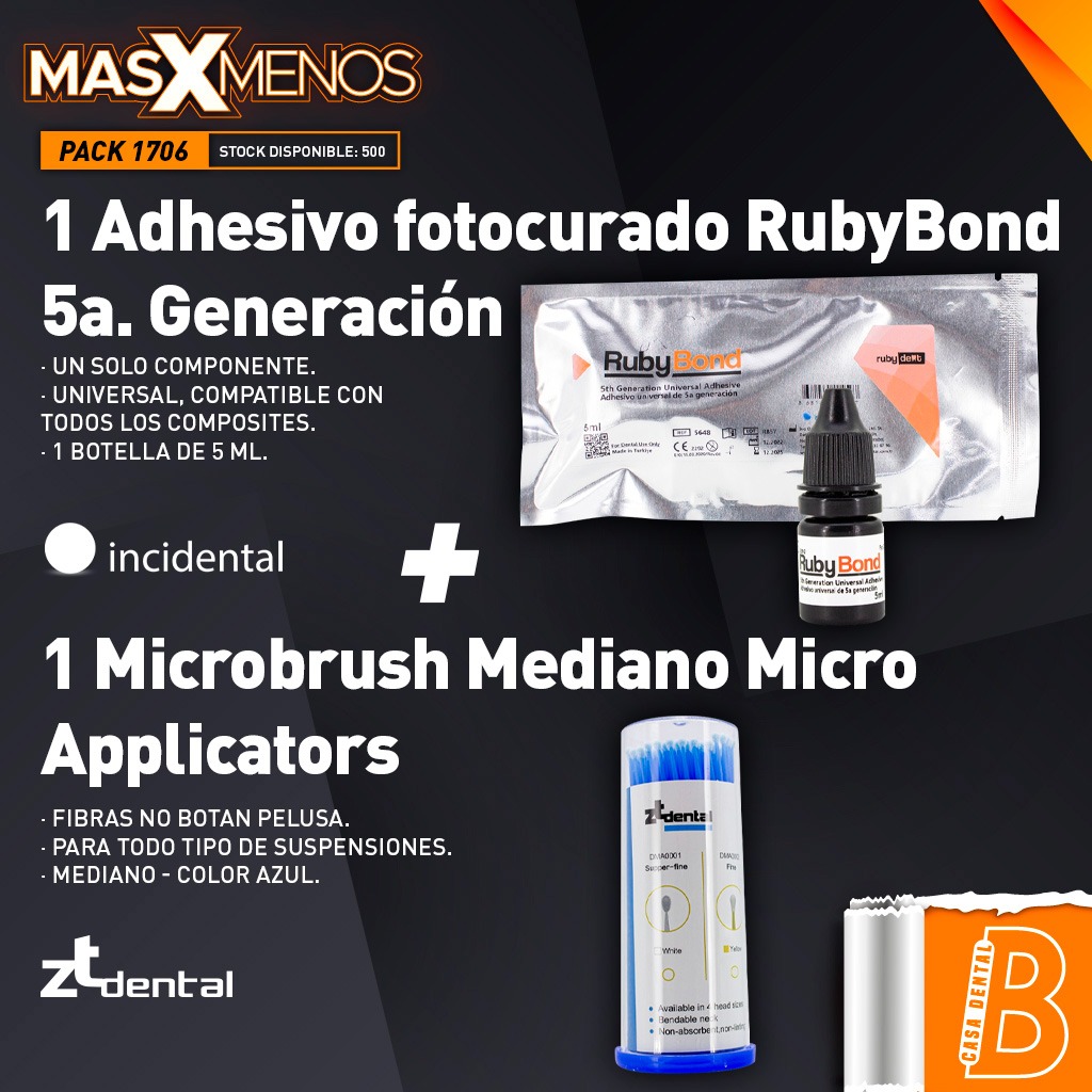 1 Adhesivo fotocurado RubyBond 5a. Generación Incidental + 1 Microbrush Micro Applicators ZT Dental