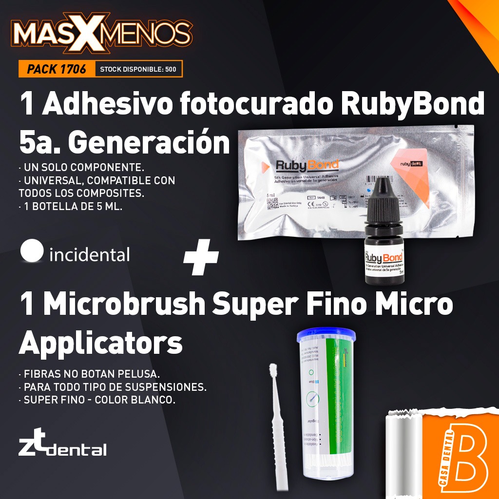 1 Adhesivo fotocurado RubyBond 5a. Generación Incidental + 1 Microbrush Super Fino Micro Applicators ZT Dental