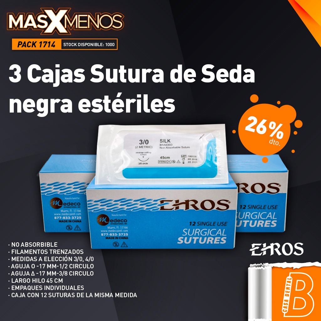 3 Cajas Sutura de Seda negra estéril Ehros