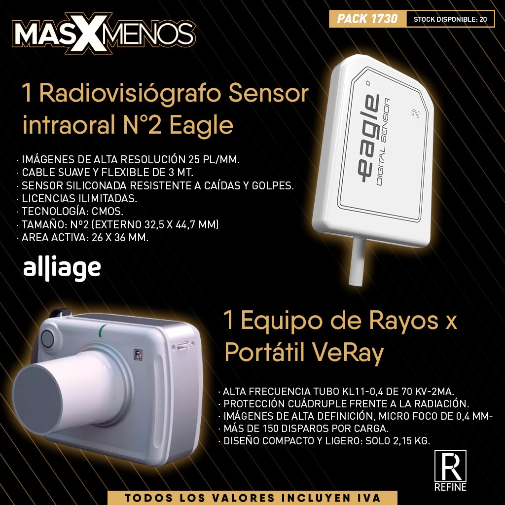 1 Radiovisiógrafo Sensor intraoral Nº2 Eagle Alliage + 1 Equipo de Rayos x Portátil VeRay Refine