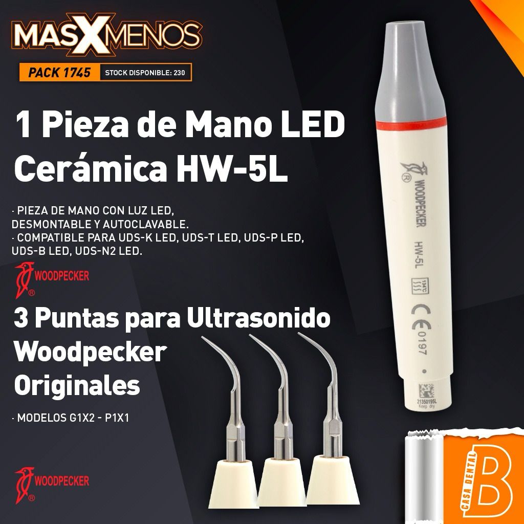 1 Pieza de Mano LED Cerámica HW-5L + 3 Puntas para Ultrasonido Woodpecker Originales