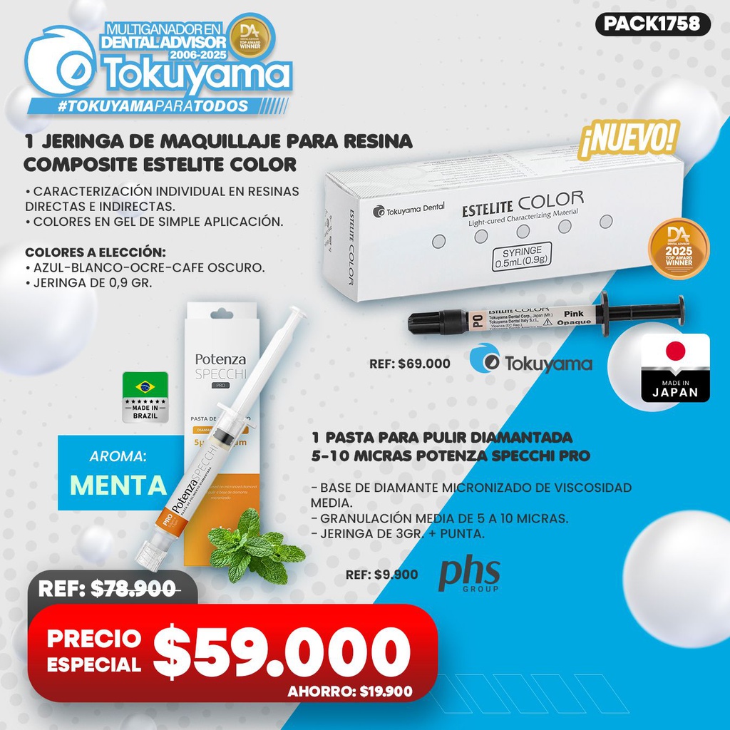 1 Jeringa Maquillaje para Resina Composite Estelite Color Tokuyama + 1 Pasta para pulir diamantada 5-10 micras Potenza Specchi Pro PHS