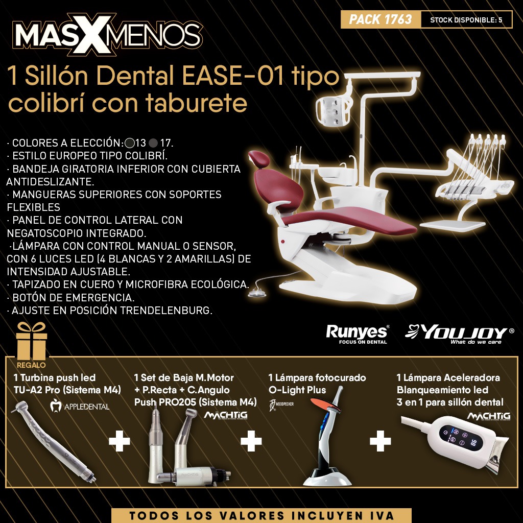 1 Sillón Dental EASE-01 tipo colibrí con taburete Youjoy by Runyes + Regalos