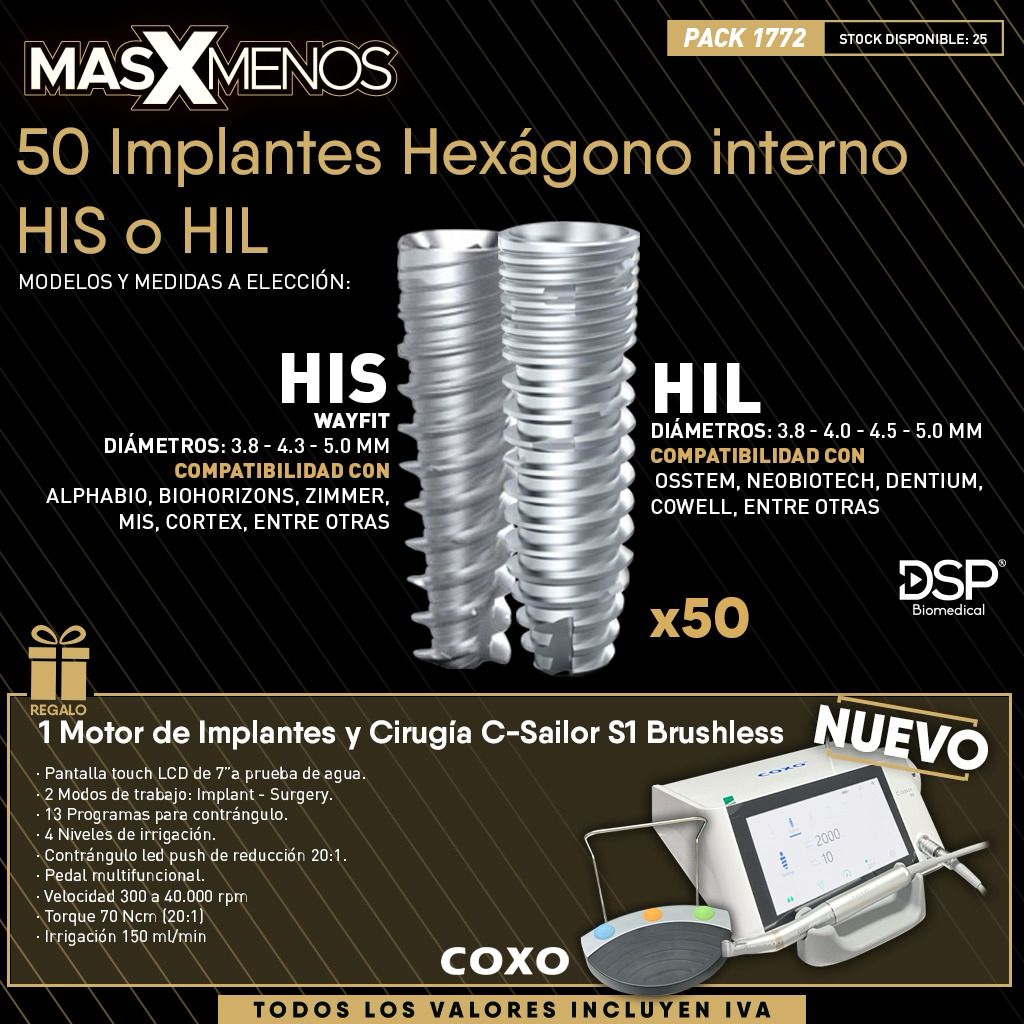 50 Implantes Hexágono interno HIS o HIL DSP + Regalo