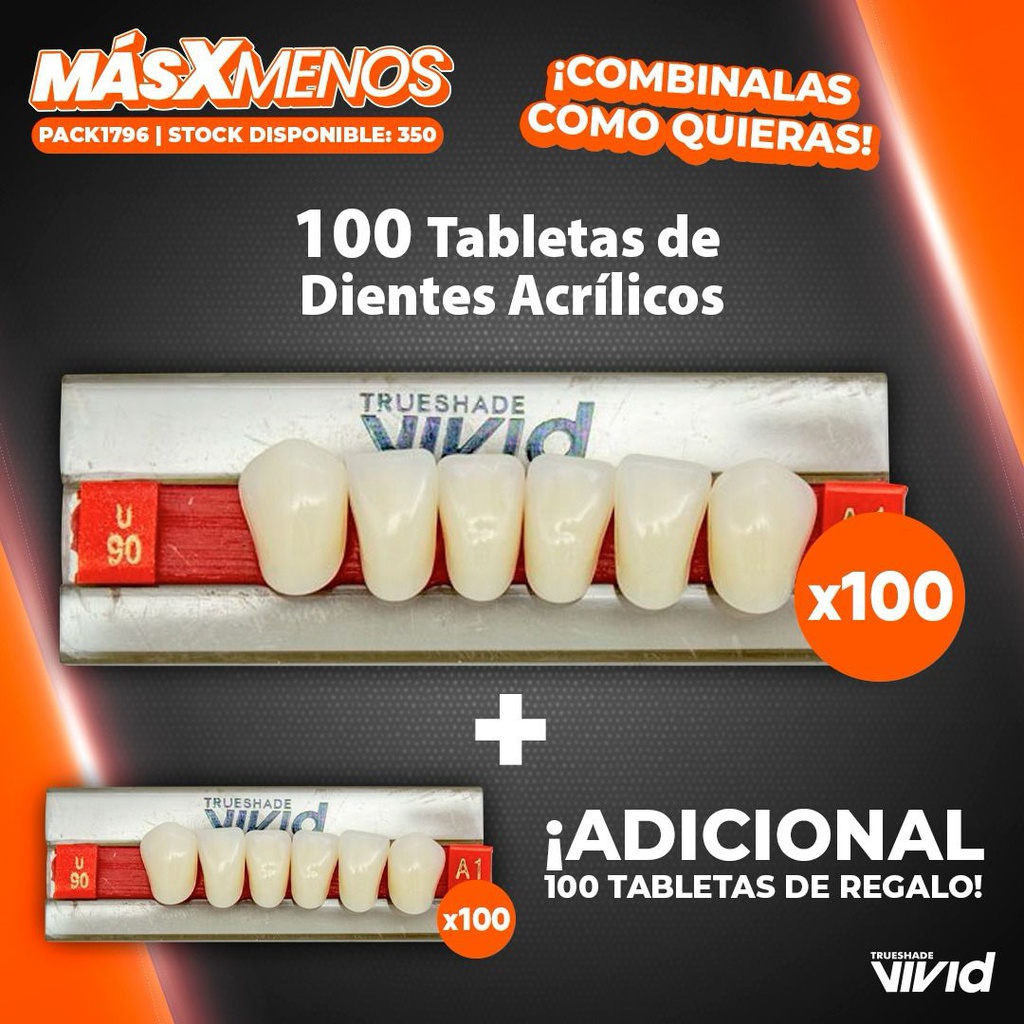 100 Tabletas de Dientes Acrílicos Vivid + 100 Tabletas Adicionales