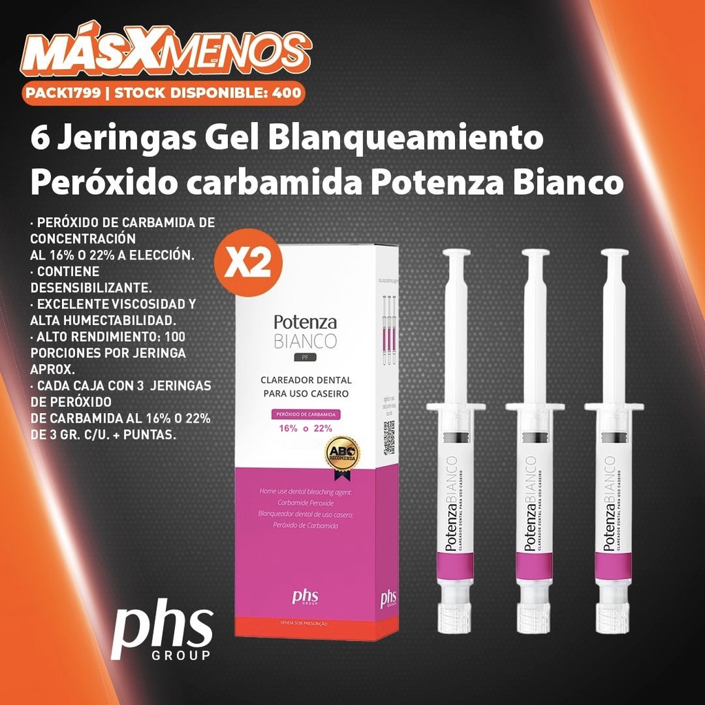 6 Jeringas Gel Blanqueamiento Peróxido carbamida 16% o 22% Potenza Bianco PHS