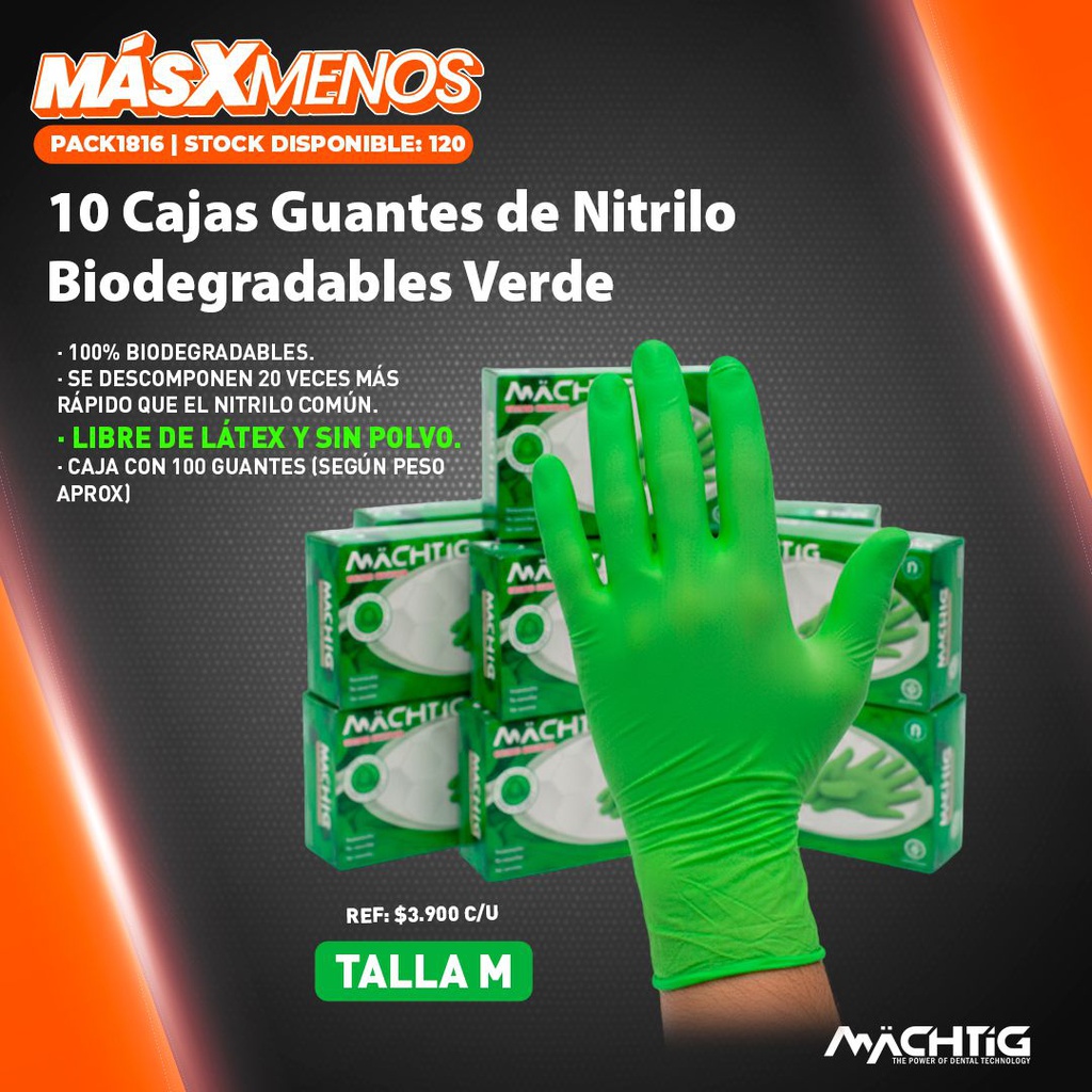 10 Cajas Guantes de Nitrilo Biodegradables Verde "M" Machtig
