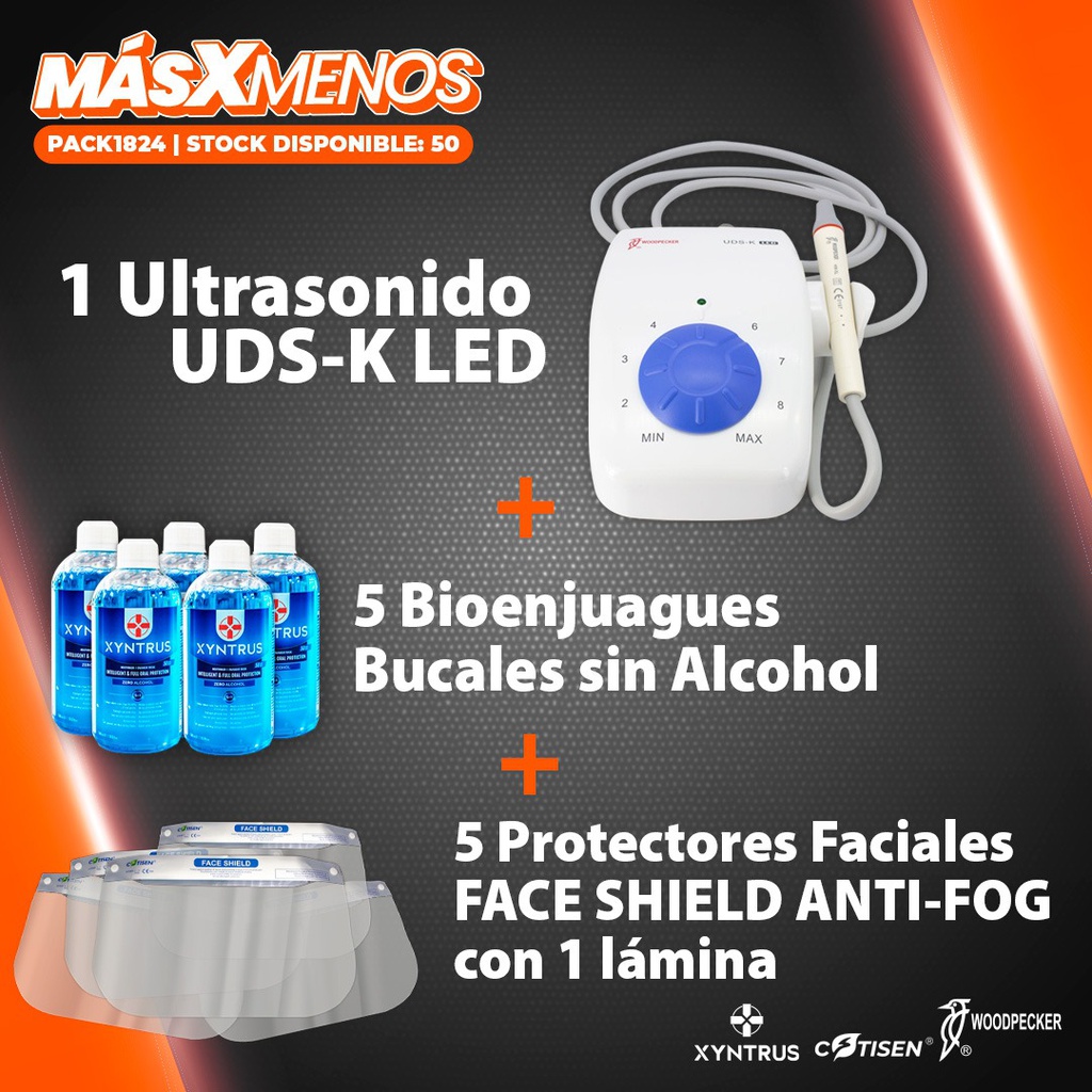 1 Ultrasonido UDS-K LED Woodpecker + 5 Bioenjuagues Bucales Sin Alcohol Xyntrus + 5 Protectores Faciales FACE SHIELD ANTI-FOG con 1 lámina Cotisen