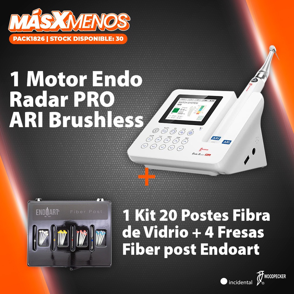 1 Motor Endo Radar PRO ARI Brushless Woodpecker + 1 Kit 20 Postes Fibra de Vidrio + 4 Fresas Fiber post Endoart Incidental