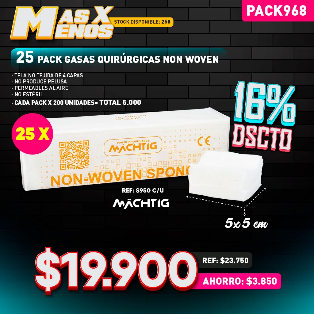 25 Pack Gasas Quirúrgicas Non Woven Machtig