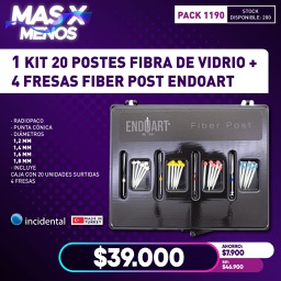 [PACK1190] 1 Kit 20 Postes Fibra de Vidrio + 4 Fresas Fiber post Endoart Incidental