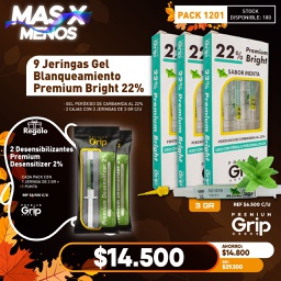 [PACK1201] 9 Jeringas Gel Blanqueamiento Peróxido carbamida 22% Premium Bright Premium grip + Regalo