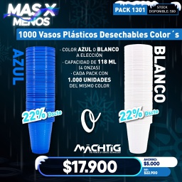 [PACK1301] 1.000 Vasos Plásticos Desechables Color´s Machtig