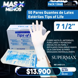 [PACK1306B] 50 Pares Guantes de Latex Estériles Tips of Life 7 1/2&quot; Supermax