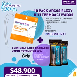 [PACK1315] 10 Pack Arcos Flexy NiTi Termoactivado Orthometric + 2 Jeringas Ác. grabador Jumbo Total Etch 37% Premium grip