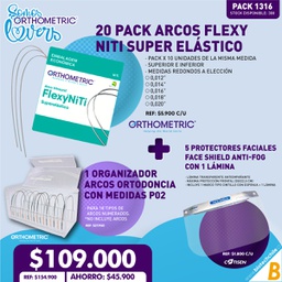 [PACK1316] 20 Pack Arcos Flexy NiTi Super Elástico + 1 Organizador Arcos Ortodoncia con Medidas Orthometric P02 + 5 Protectores Faciales Face Anti-Fog Cotisen