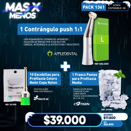 [PACK1361] 1 Contrángulo push 1:1 Appledental + 10 Escobillas Profilaxia Copa Nylon ZT Dental +1 Frasco Pastas Profilaxia Cotisen