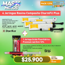 [PACK1378] 4 Jeringas Resina CharmFil Plus Dentkist + 1 Jeringa Ácido Fluorhídrico Premium lab Etch 10% Premium grip