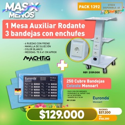 [PACK1392] 1 Mesa Auxiliar Rodante 3 bandejas con enchufes Machtig + 250 Cubre Bandejas Celeste Monoart Euronda