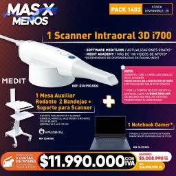 [PACK1403] 1 Scanner Intraoral 3D i700 Medit + 1 Mesa Auxiliar para Scanner Appledental + 1 Notebook