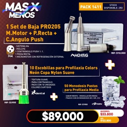 [PACK1411] 1 Set de Baja PRO205 Push Machtig + 10 Escobillas Profilaxia Colors Copa ZT Dental + 50 Monodosis Pastas Profilaxia Cotisen