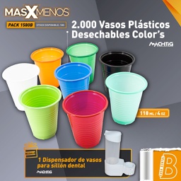 [PACK1580B] 2.000 Vasos Plásticos Desechables Color´s Machtig + Regalo
