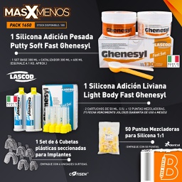 [PACK1650] 1 Kit Silicona Adición Ghenesyl Putty soft-Light Body Lascod + 1 Set de 6 Cubetas plásticas seccionadas para Implantes Cotisen + 50 Puntas Mezcladoras para Silicona 1:1 ZT dental