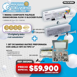 [PACK1696] 1 Jeringa Resina Composite fluida Palfique Omnichroma Flow Tokuyama + 1 Set de 50 Bandas Matriz preformada con Anillo NiTi D3 tipo U ZT Dental