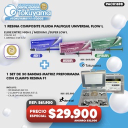 [PACK1698] 1 Jeringa Resina Composite fluida Palfique Universal Flow L Tokuyama + 1 Set de 30 Bandas Matriz preformada con Clamps Resina F1 ZT Dental
