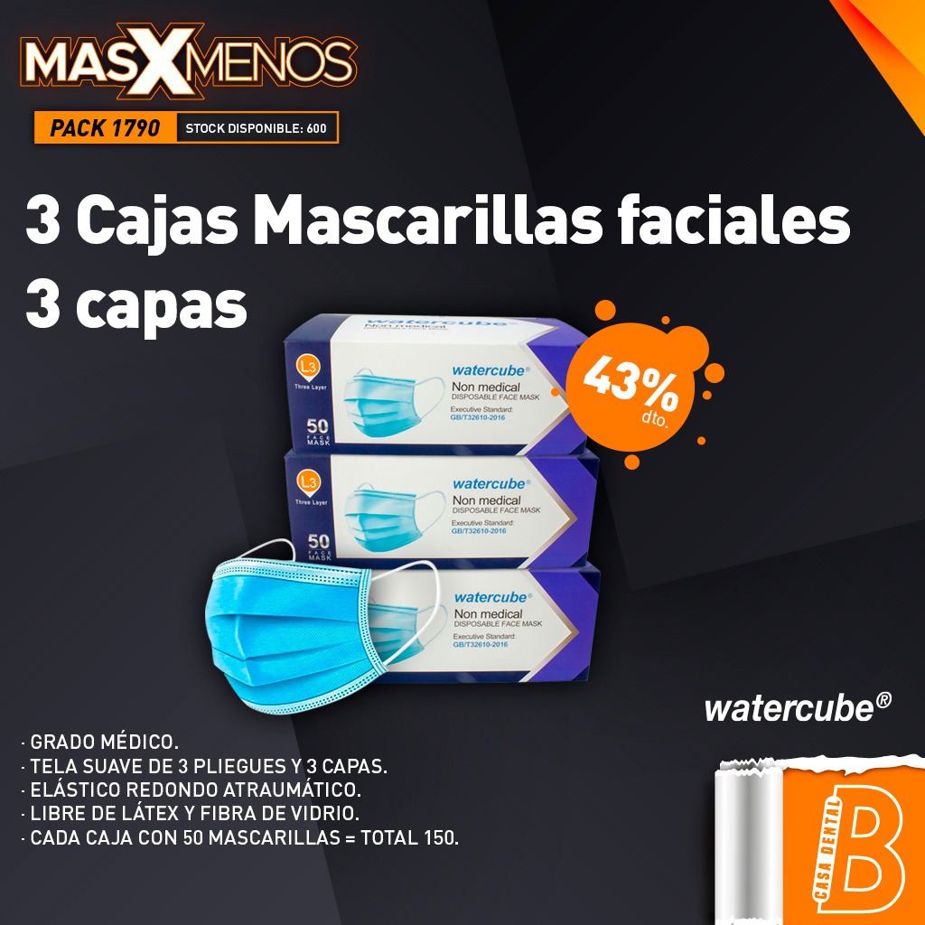 3 Cajas Mascarillas faciales 3 capas Watercube Keteng Medical