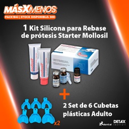 [PACK1841] 1 Kit Silicona para Rebase de prótesis Starter Mollosil Detax + 2 Set de 6 Cubetas plásticas Adulto ZT Dental